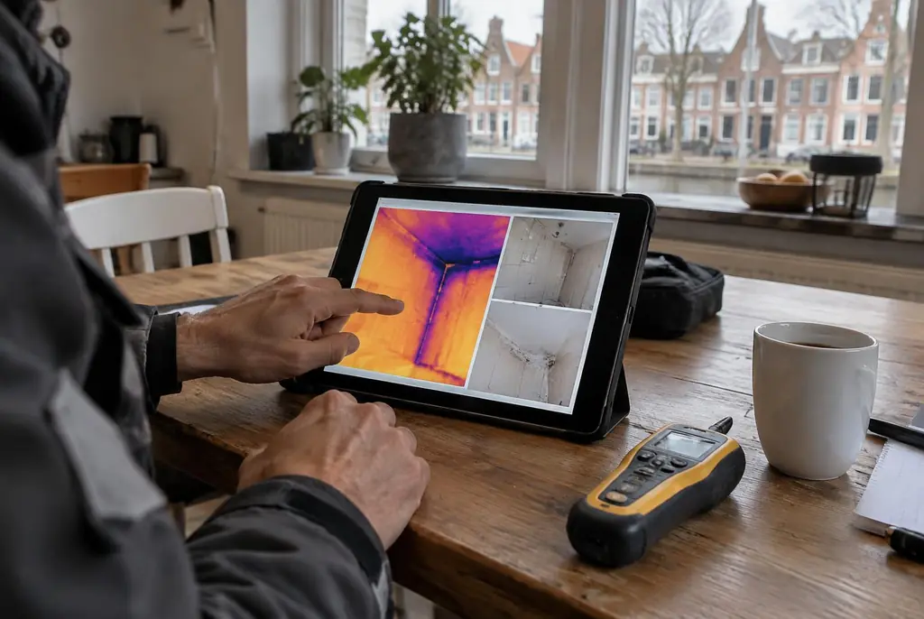 Lekdetectie Brummen – lekdetectierapport met warmtebeelden en foto's op een tablet