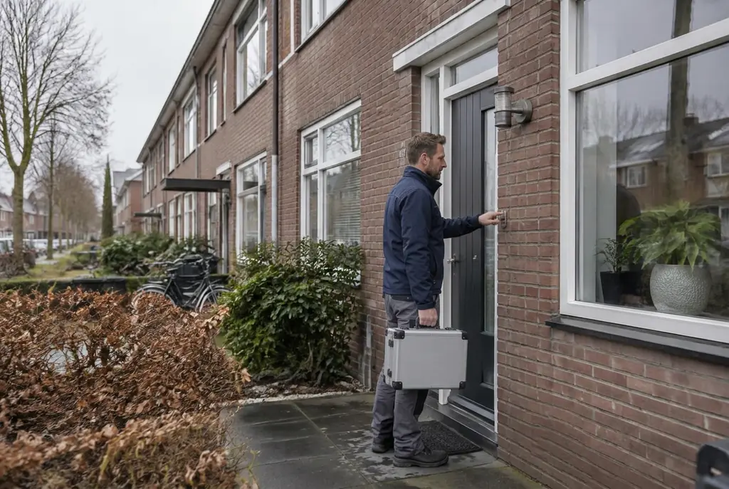 Lekdetectiespecialist met meetkoffer bij de voordeur van een woning in Brummen
